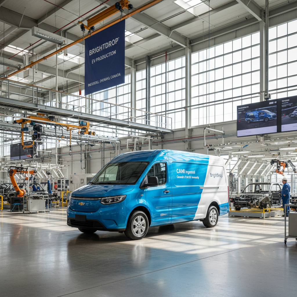 Electric delivery van representing CAMI Ingersoll BrightDrop EV production at Canada's first electric vehicle assembly plant
