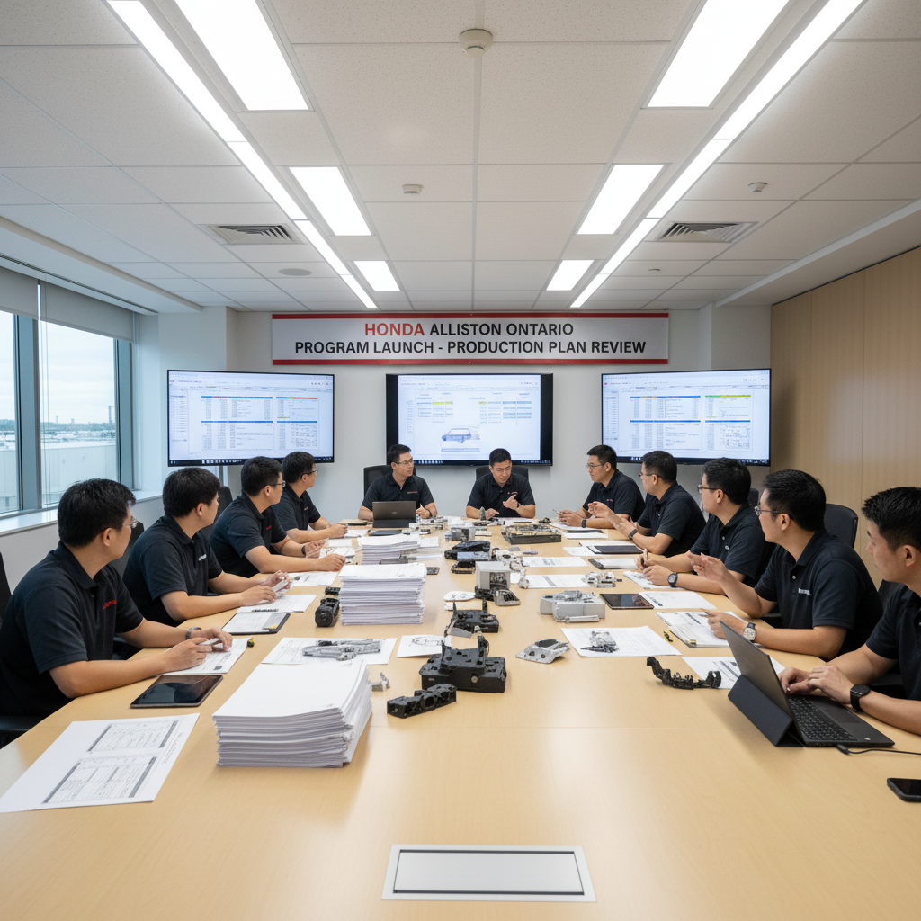 Automotive program launch coordination meeting with engineers reviewing production plans for Honda Alliston Ontario
