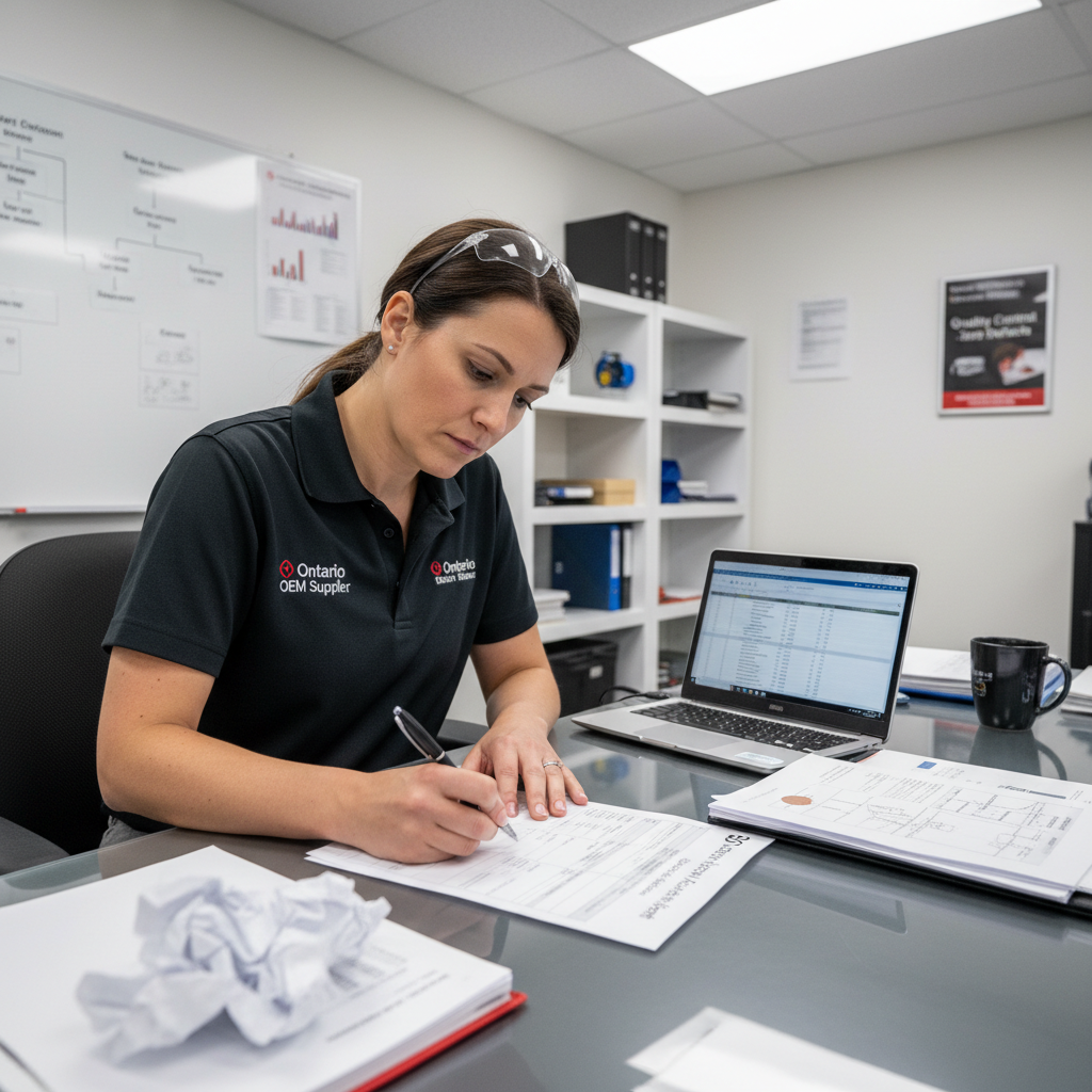 Automotive quality engineer completing 8D corrective action report documentation for Ontario OEM supplier quality concern