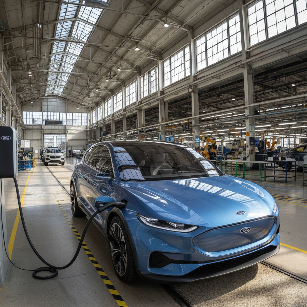 Electric vehicle charging at Ford Oakville Assembly plant representing EV transition in Ontario automotive industry