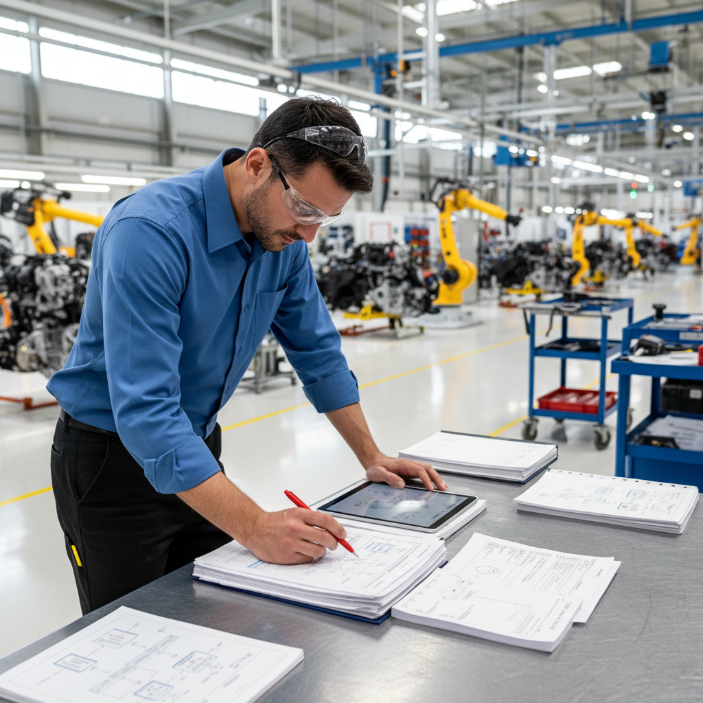 Quality control inspector examining automotive parts on a production line in an Ontario assembly plant